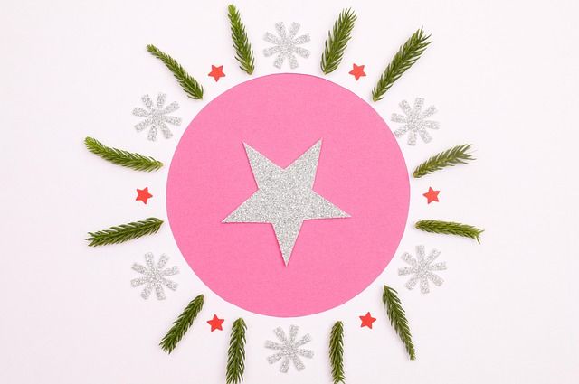 Weihnachtsstern aus Tannenzweigen und Papiersternen